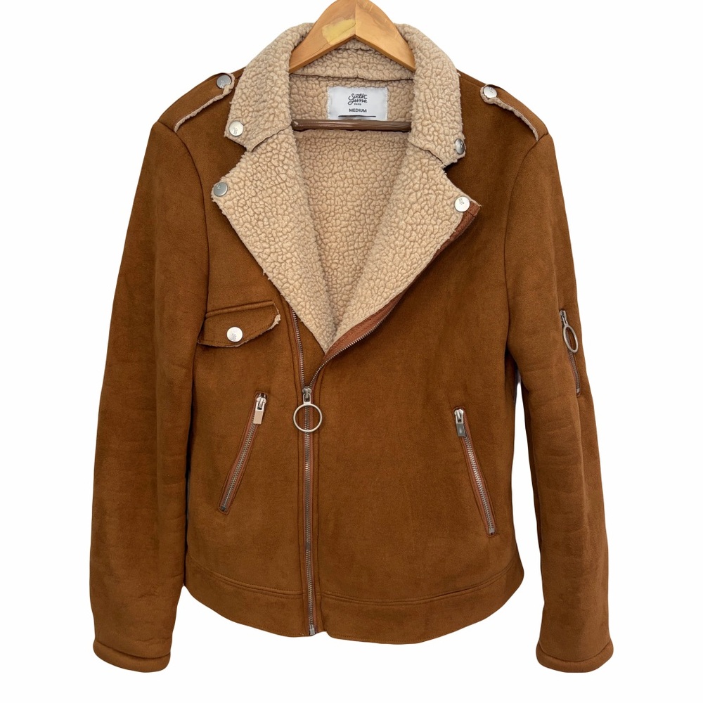 Sixth June Faux Shearling Biker Jacket Tan Brown Suede Moto Jacket Medium